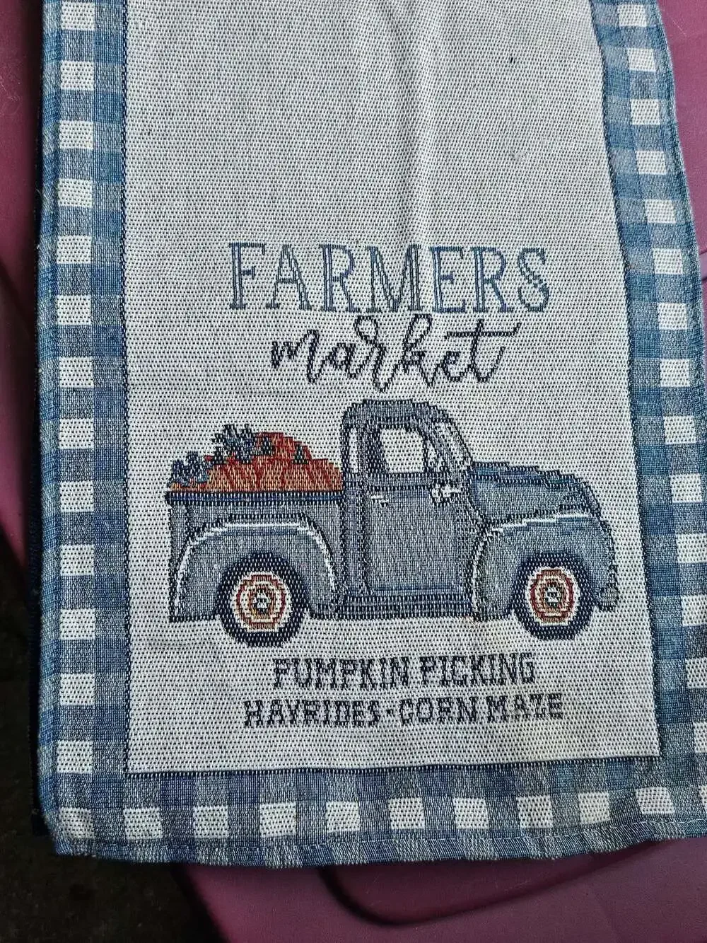 Farmers Market Fall Pumpkin Truck and Blue Check Border Table Runner